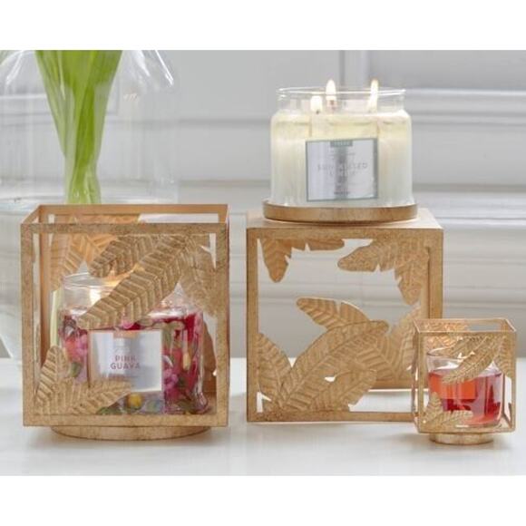 New Partylite Gold Square Metal Jar Candle Holder P92779 Leaves NIB - Picture 7 of 10